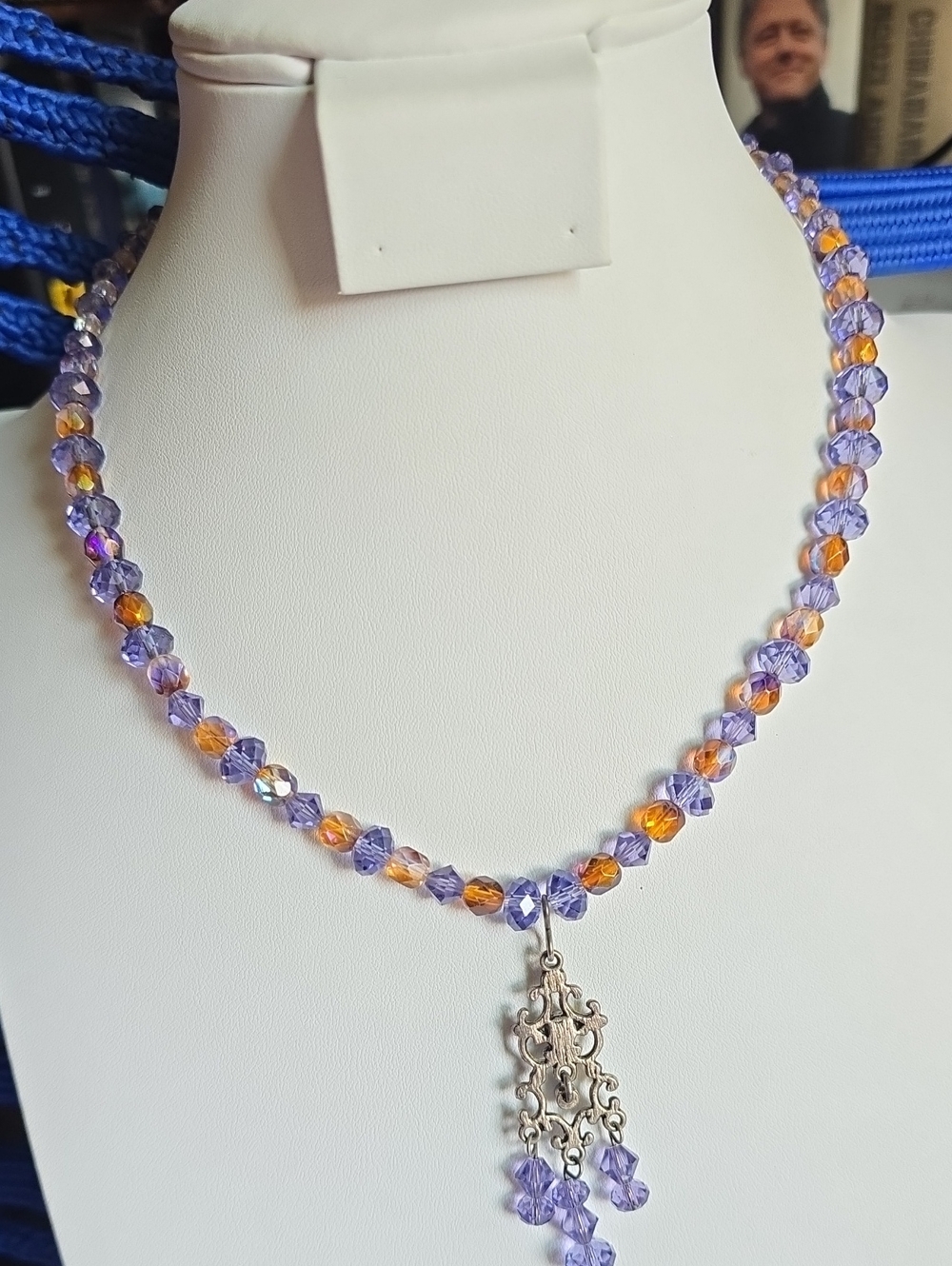 Lavender and Amber Crystal Bead Necklace with Silver Tassel